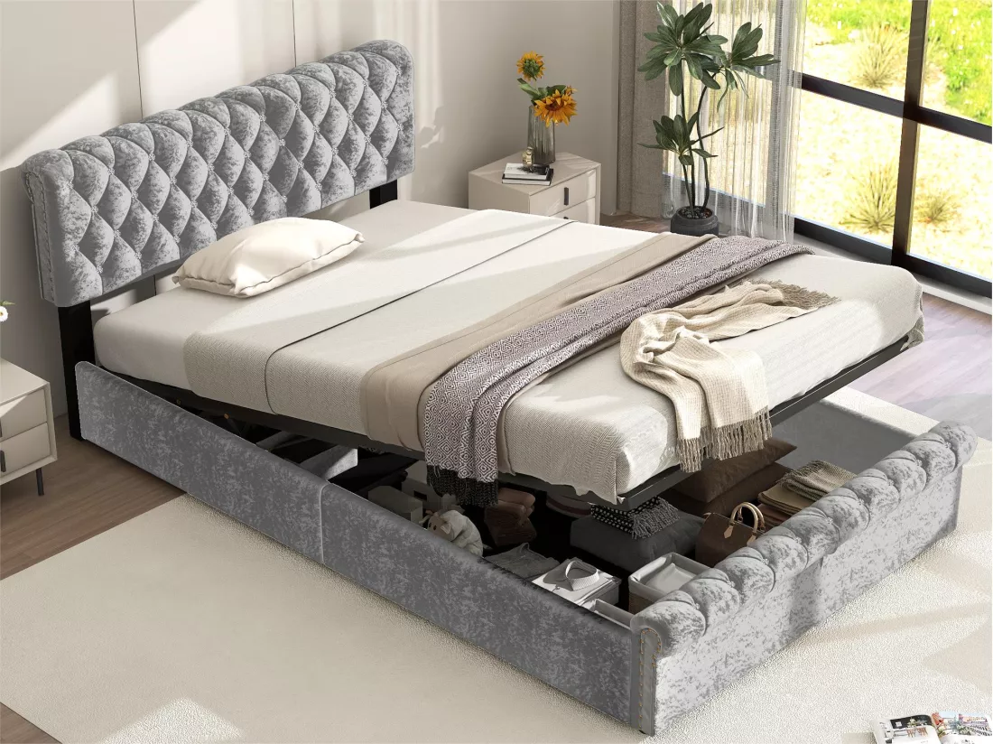 Lit coffre 90 x 200 cm en velours avec sommier à lattes tête de lit réglable style scandinave gris