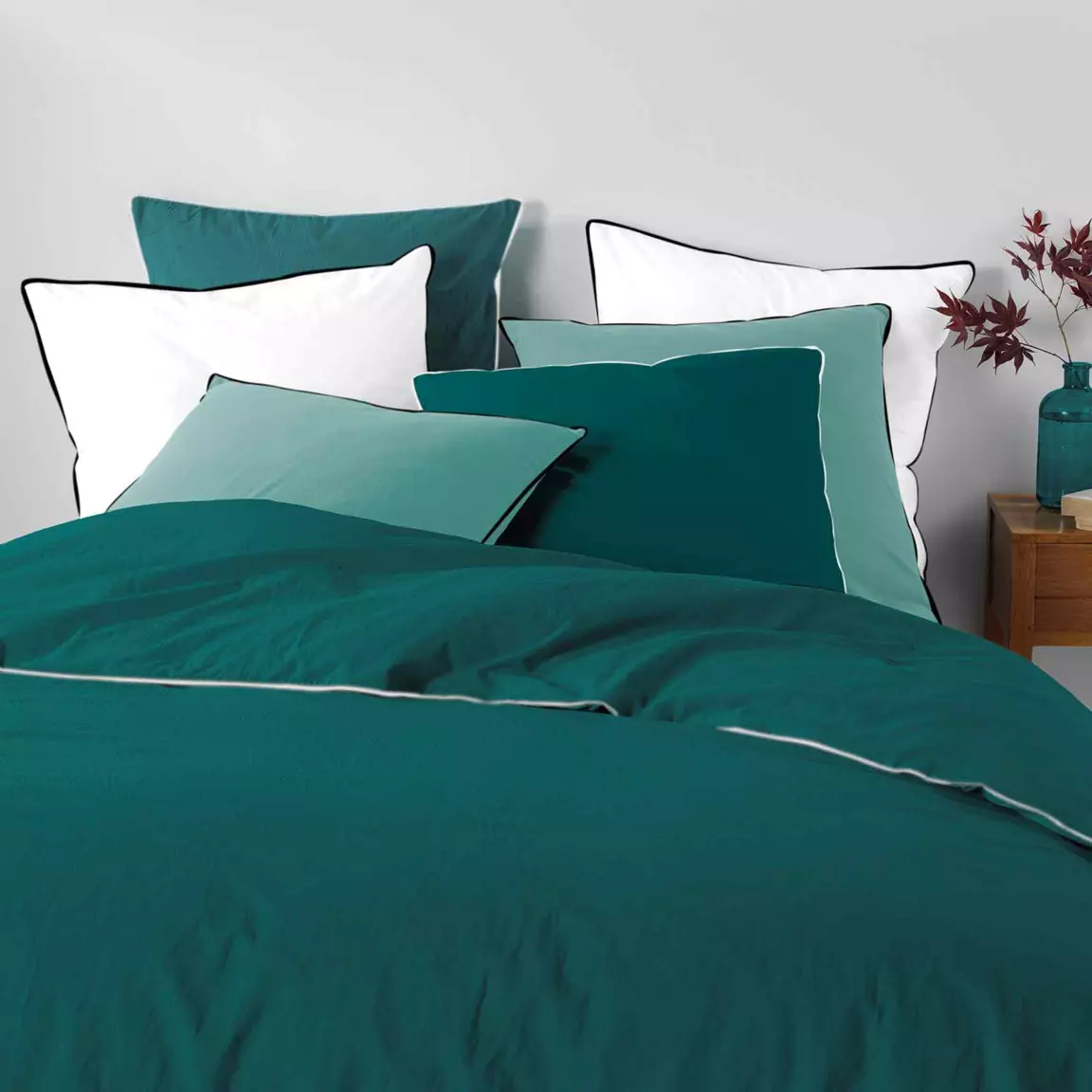 Drap housse coton lavé (140 x 190 cm) Linette Bleu pétrole