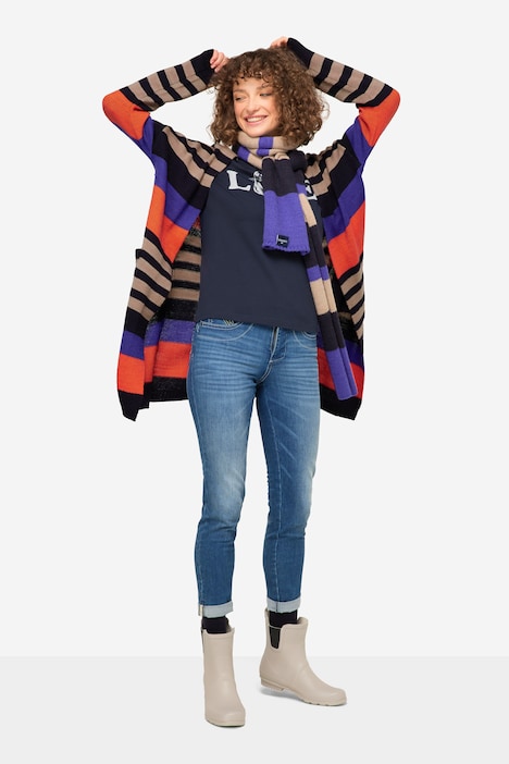 Strickjacke, längere, offene Form, farbige Ringel, Wollanteil, Langarm