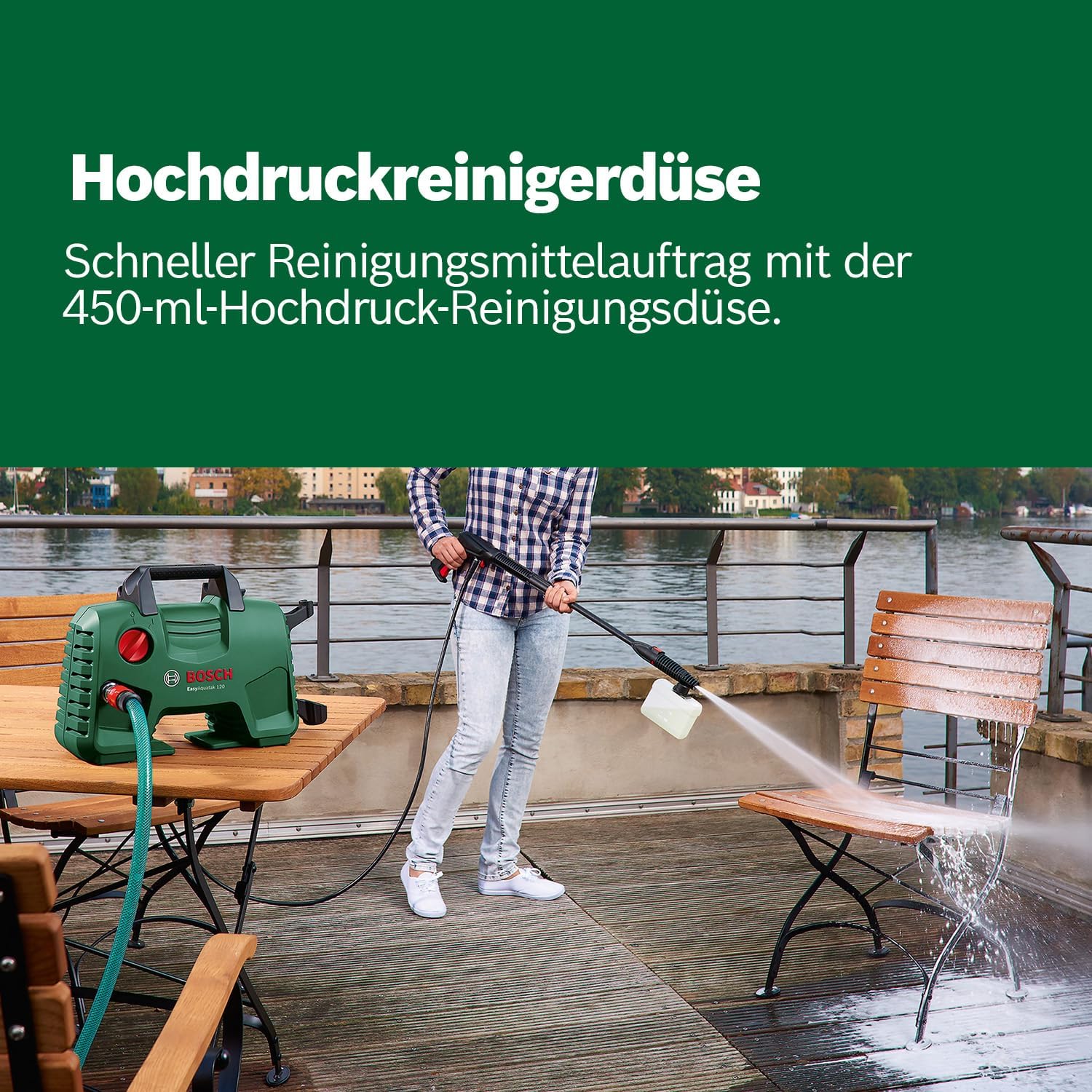 Bosch EasyAquatak 120 Hochdruckreiniger - 1500 Watt, 120 bar, vielseitiges Zubehör, kompakte Bauweise, inkl. Schlauch und Düsen
