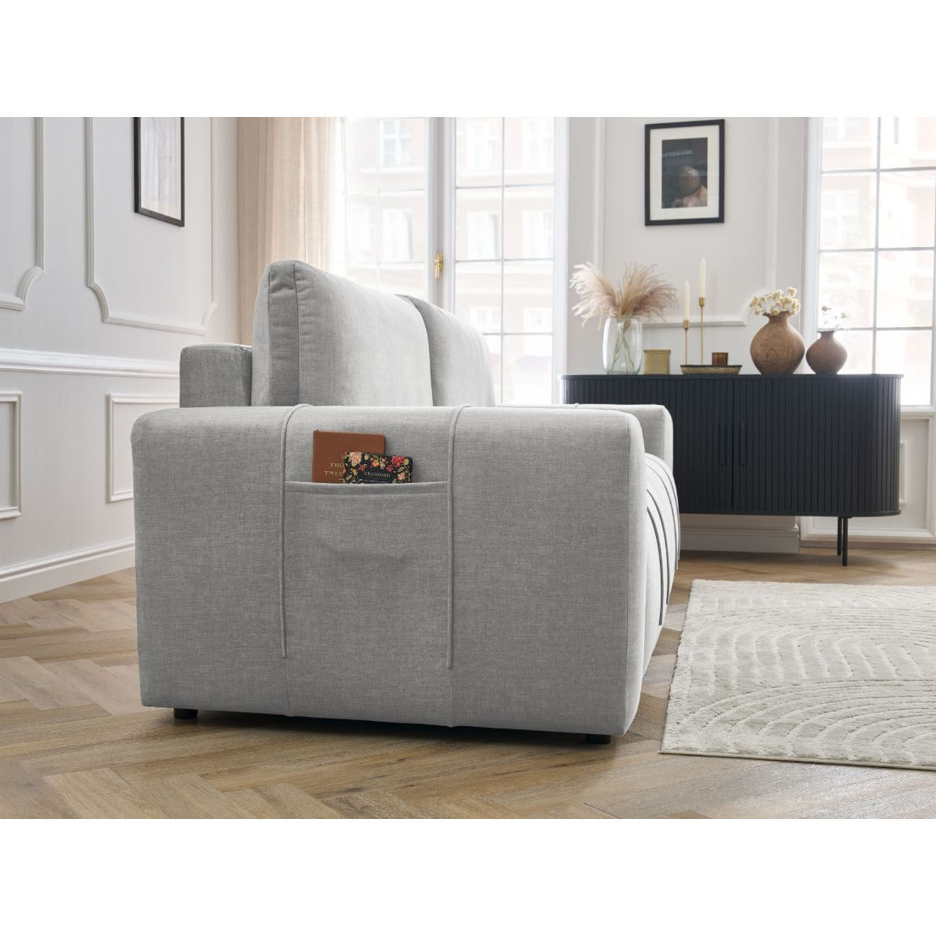 Bobochic Canapé droit convertible en Velours 3 places Arsène avec coffre gris clair - 248x105x90 cm