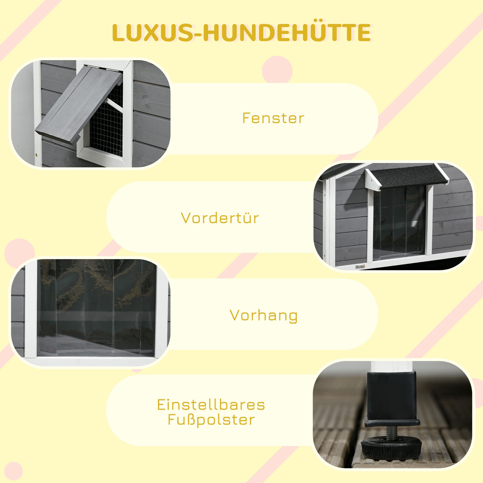 PawHut Hundehütte mit zu öffnendem Asphaltdach grau, weiß 109L x 79B x 72H cm