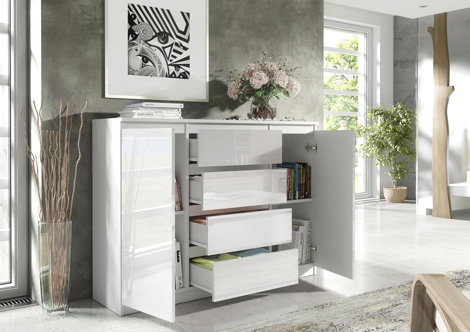 meble masztalerz Kommode mit 4 Schubladen und 2 Türen 140 cm, Sideboard Wohnzimmer, Schlafzimmer H: 101,5 cm, B: 138,6 cm, T: 39 cm Kommode mit Schubladen, Schubladenschrank (Weiss Hochglanz)