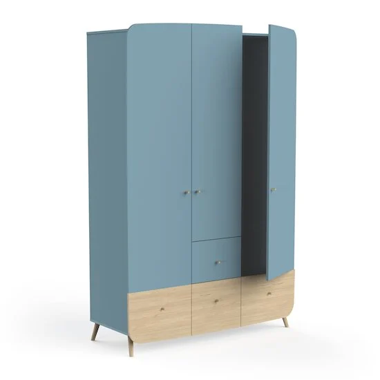 Firmiana Armoire 3 Portes + 4 Tiroirs   Bleu Orage / Bois Naturel        de               CBA Meubles