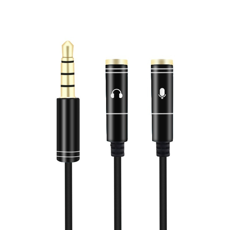 (30cm) Y-Splitter 2x 3.5mm Klinke Audio Mikrofon Adapter Stecker Stereo AUX Headset Nylon Verlängerungskabel - Schwarz