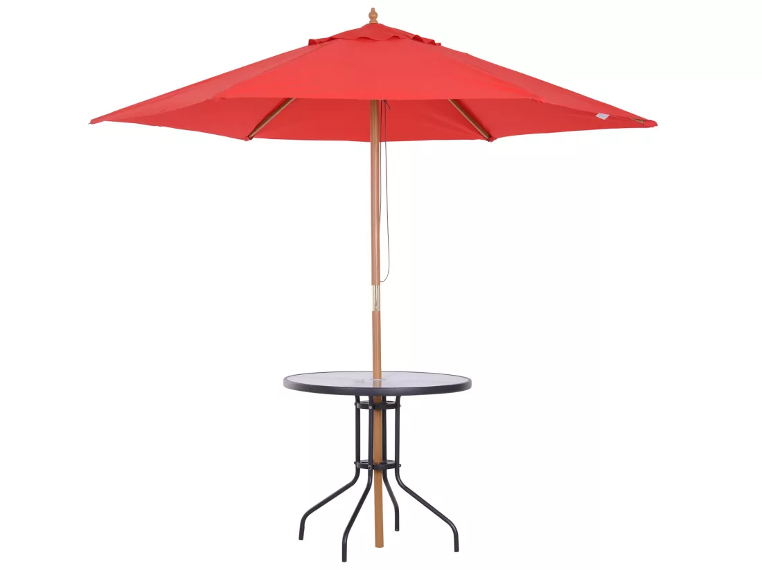 Table ronde bistro de jardin dim. Ø 80 x 72H cm espace installation parasol acier époxy noir plateau verre trempé