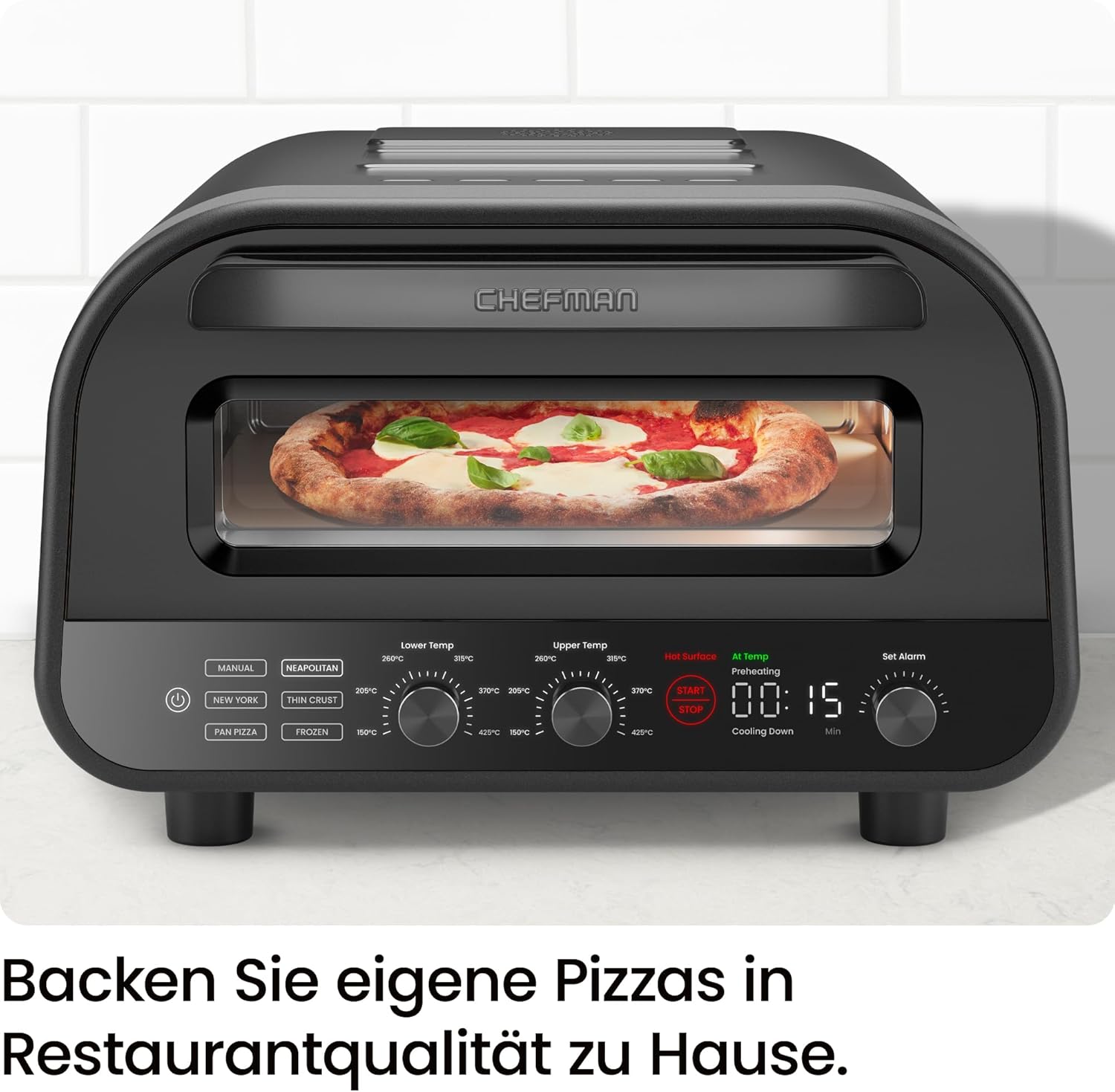 CHEFMAN Elektrischer Pizzaofen für drinnen und draußen, tragbarer 30-cm-Pizzaofen für neapolitanische, New Yorker, dünne Kruste und Pfannen-Pizza, Pizzastein und Pizzaschieber, schwarz