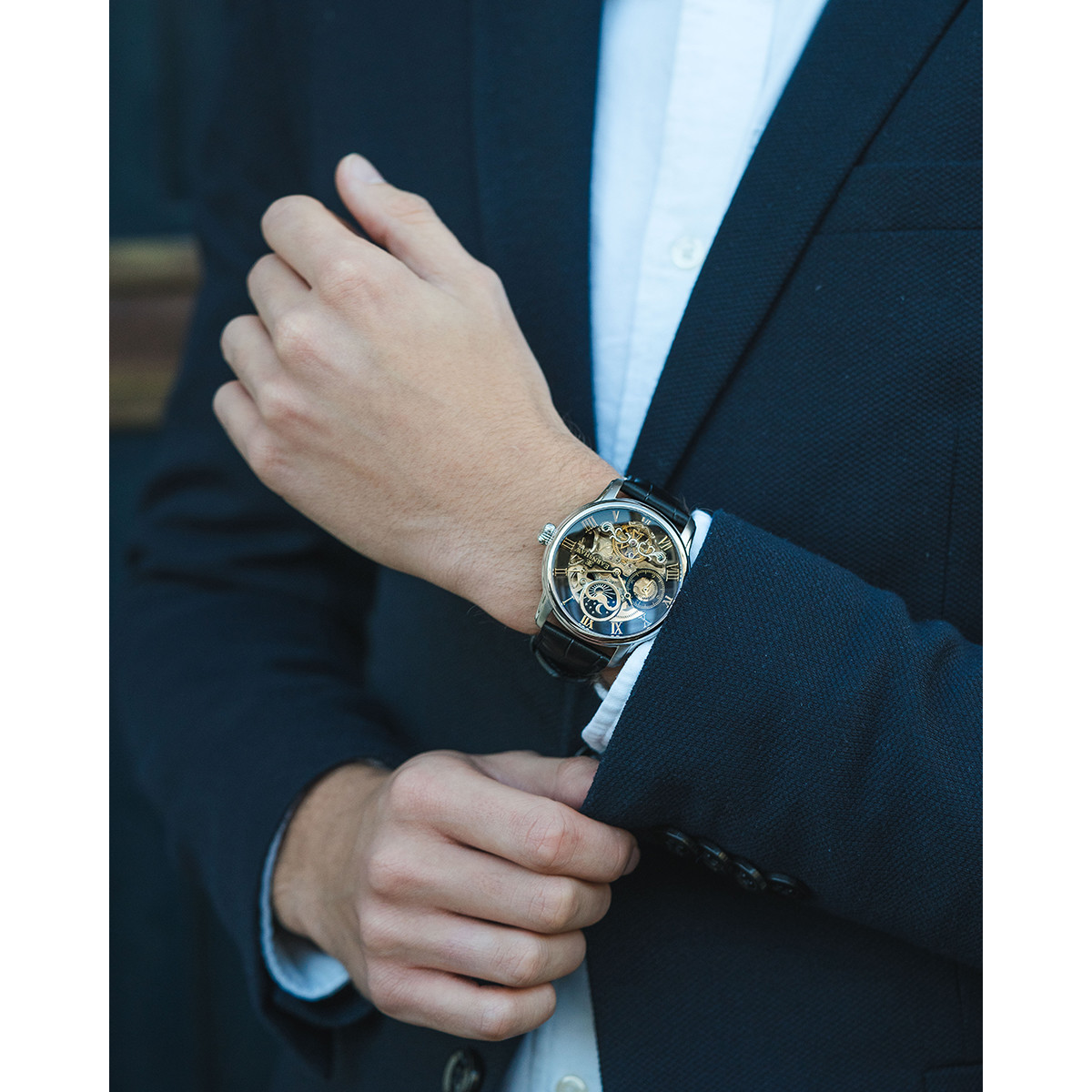 Montre EARNSHAW Longitude homme automatique acier bracelet cuir noir