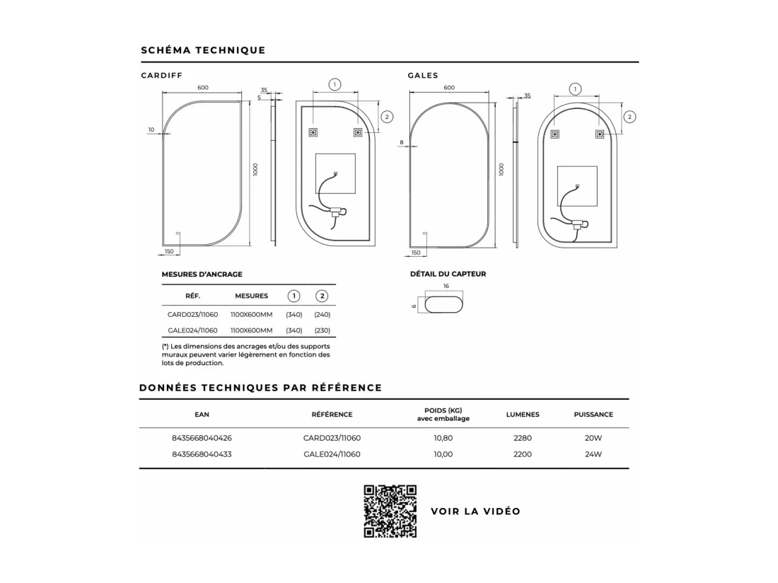 Miroir Salle de Bain CARDIFF - 60x110cm - Led Rétro-éclairé (3000K) - Anti-Buée & Détecteur de Mouvement - LEDIMEX
