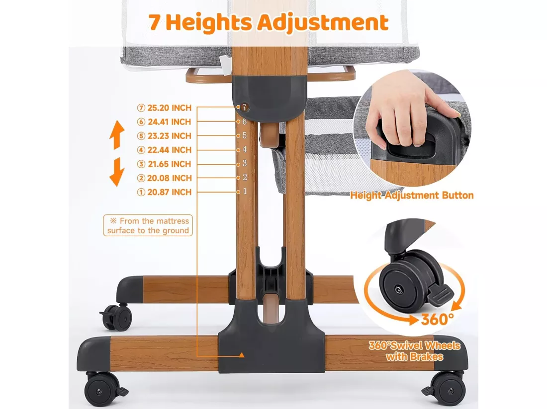 Ezebaby Lit Bébé Cododo 3 en 1,Couffin à Bascule avec Matelas,Hauteur Réglable 7 Niveaux,Maille Respirante,pour Nouveau-né,Veinure du Bois