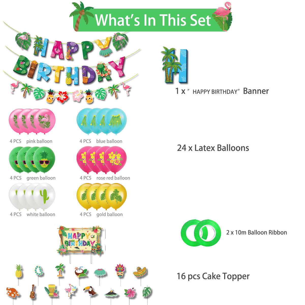 (42-tlg. Set) Sommer Geburtstags Party Deko Latex Ballons / Happy Birthday Girlanden / Kuchenstecker - Tropical Hawaii