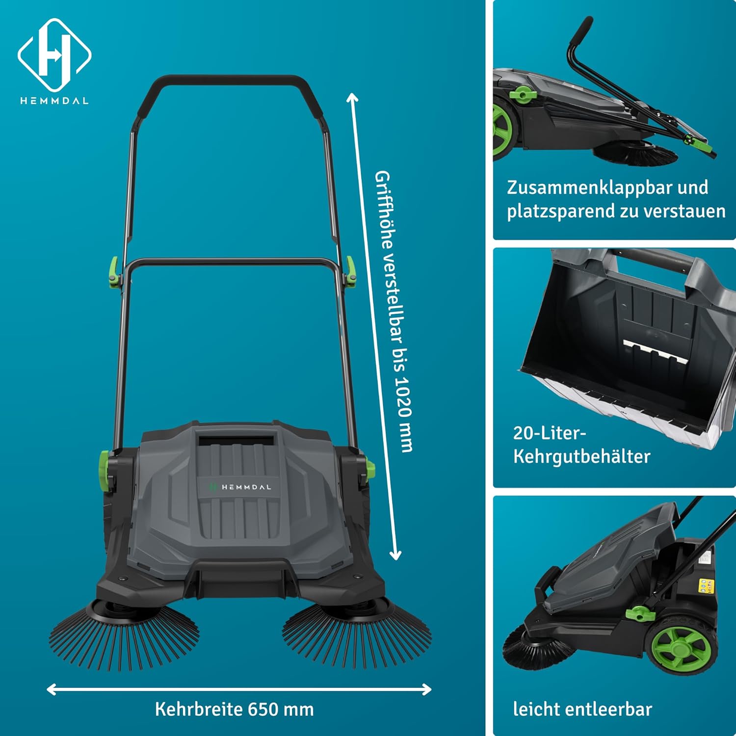 Kehrmaschine HKM65 manuell | 65 cm Kehrbreite | 2.600 m²/h Kehrleistung | 20 l Behälter | Grau | für trockene Oberflächen im Außenbereich | höhenverstellbarer Soft-Griff | Handkehrmaschine