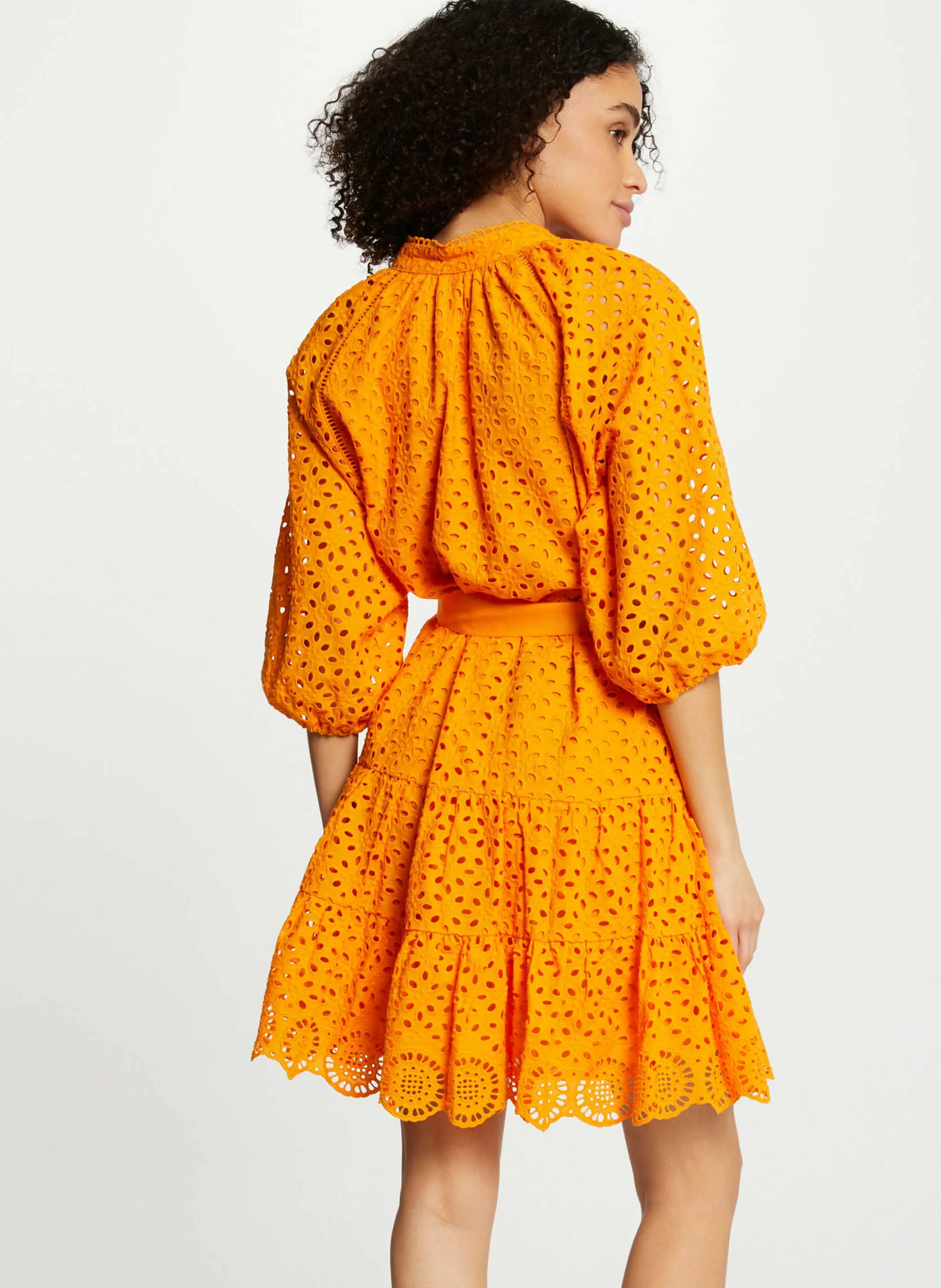 RFLAM - Robe courte trapèze brodée en coton | Orange