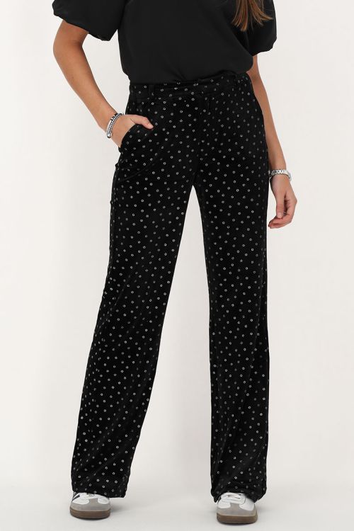 Zwarte velvet broek met zilverkleurige bloemen