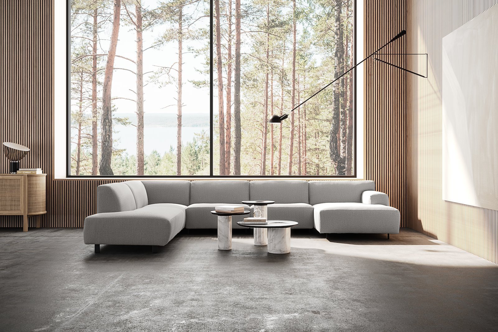 Vesta U-sofa Sjeselong høyre, 3-seter og åpen ende venstre. Big hjørnemodul, Tekstil Marsel Light grey, sort metallben 10 cm, Comfort CM