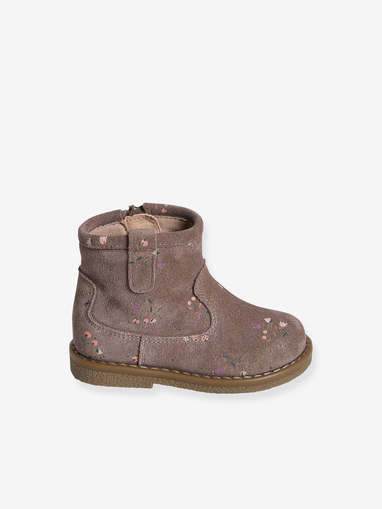 Botas de cano curto em couro estampado com zíper, tamanho médio para bebê menina, bege.