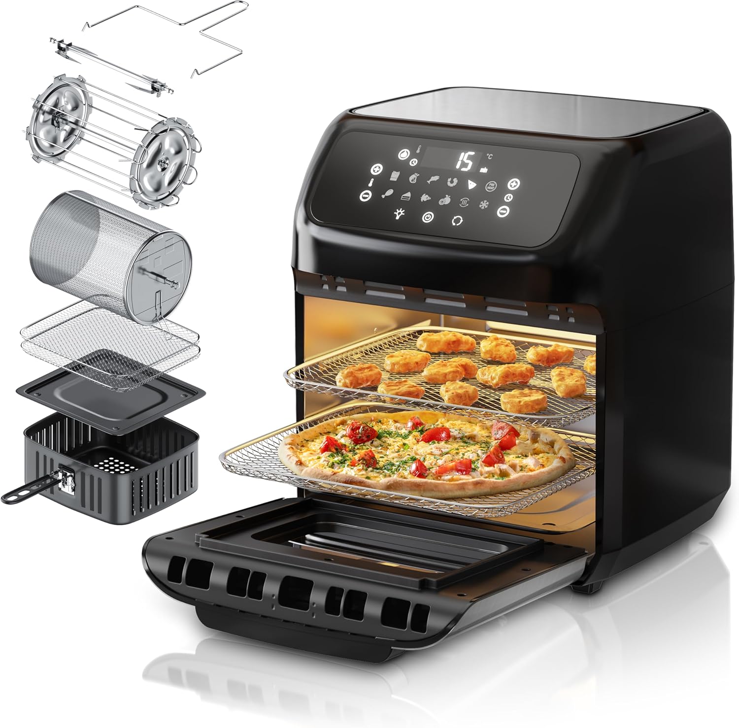 Arendo - Heißluftfritteuse XXL mit LED Touchscreen- 12 Liter - Grill - Dörrautomat - Backofen - Air Fryer - Touchscreen - Easy&Clean - Fritteuse ohne Öl - Umluft - Pizza Hähnchen Pommes - BPA frei