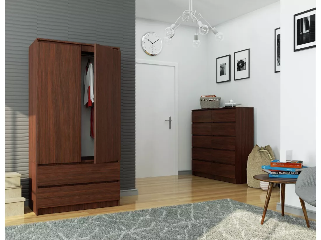 Armoire AKORD S90 Wengé 90 cm 2 portes 2 tiroirs façade Wengé 4 étagères 90x51x180 cm