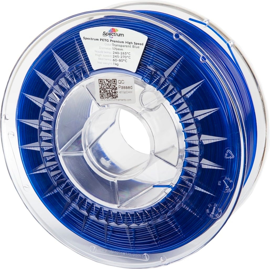 Spectrum  PETG Premium High Speed Transparent Blue, 1,75 mm / 1000 g    Der Turbo für den 3D Druck in Transparent Blue
