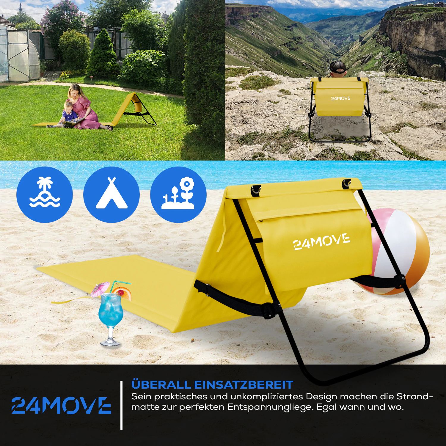 24MOVE® Strandmatte 1er Set klappbar mit Rückenlehne, Strandliege mit Gurt, tragbar für Strand und Garten, Liegematte gelb