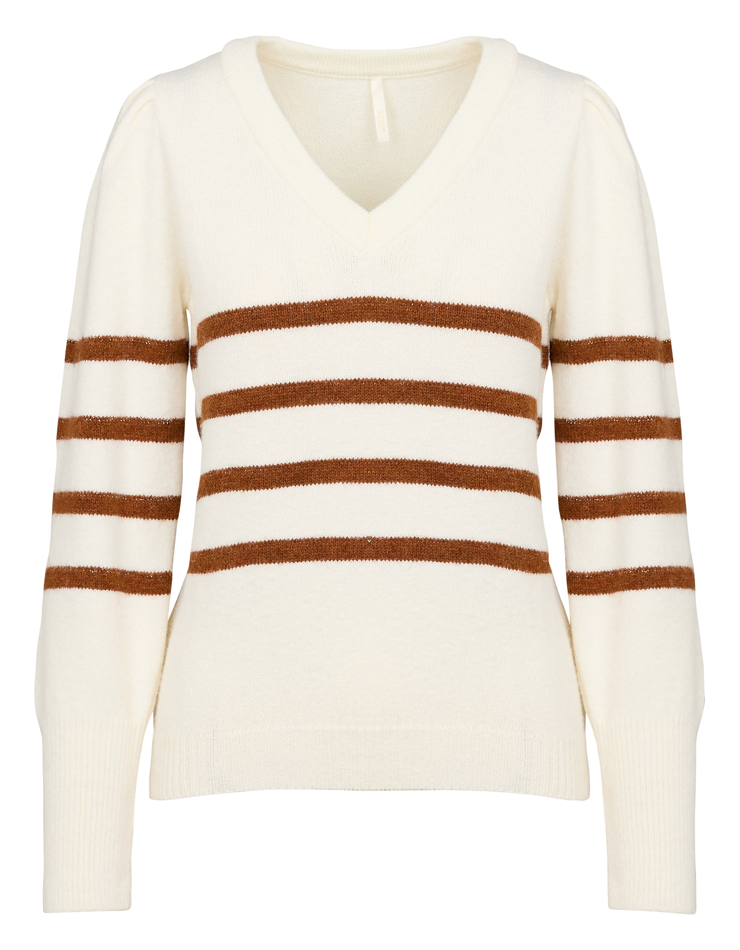 Pull col v droit à rayures| Blanc