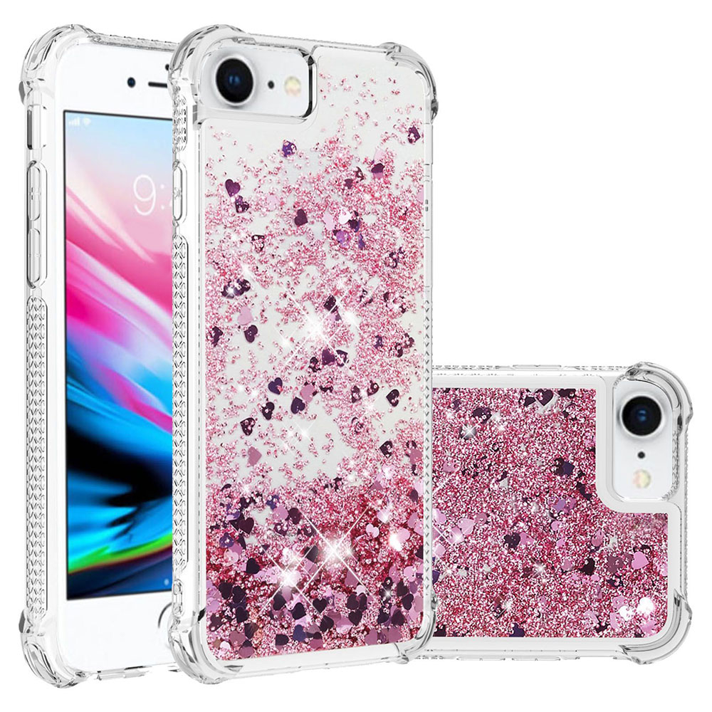 iPhone SE (2022/2020) / 8 / 7 Gummi Hülle mit Air Cushion Fallschutz Liquid Case Glitzer Herzen - Transparent / Pink