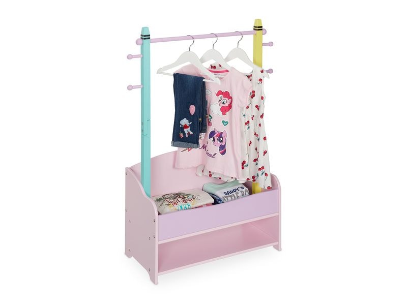 relaxdays Kleiderständer für Kinder 71 x 100.5 cm, Gelb/Ros Garderobenständer mit Kleiderstange, Haken und Ablagen