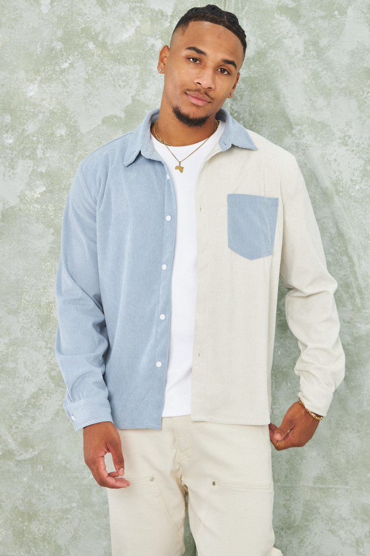 Chemise bicolore bleue et beige en velours côtelé