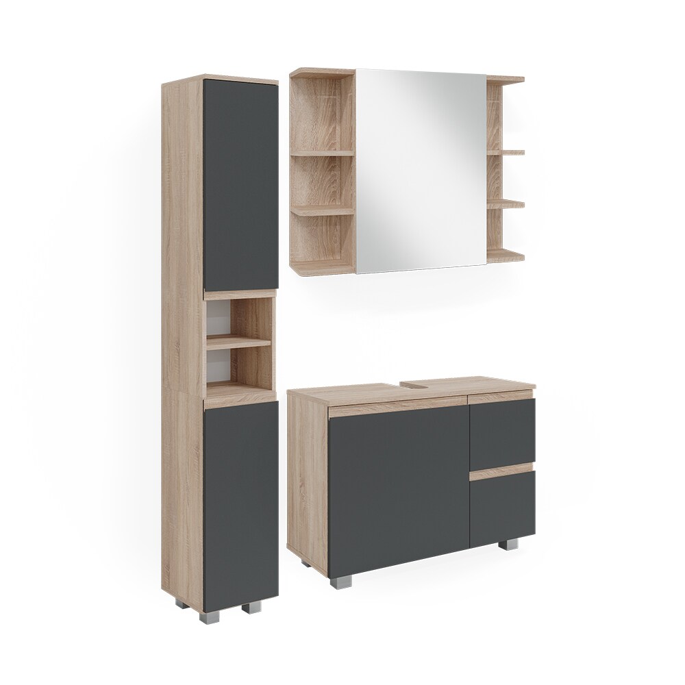 Vicco Badmöbelset J-shape Sonoma Anthrazit modern Badezimmer Schrank Badschrank Waschtischunterschrank Spiegelschrank Hochschrank Schranktür Schrankschublade Schrankfach Ablage Aufbewahrung