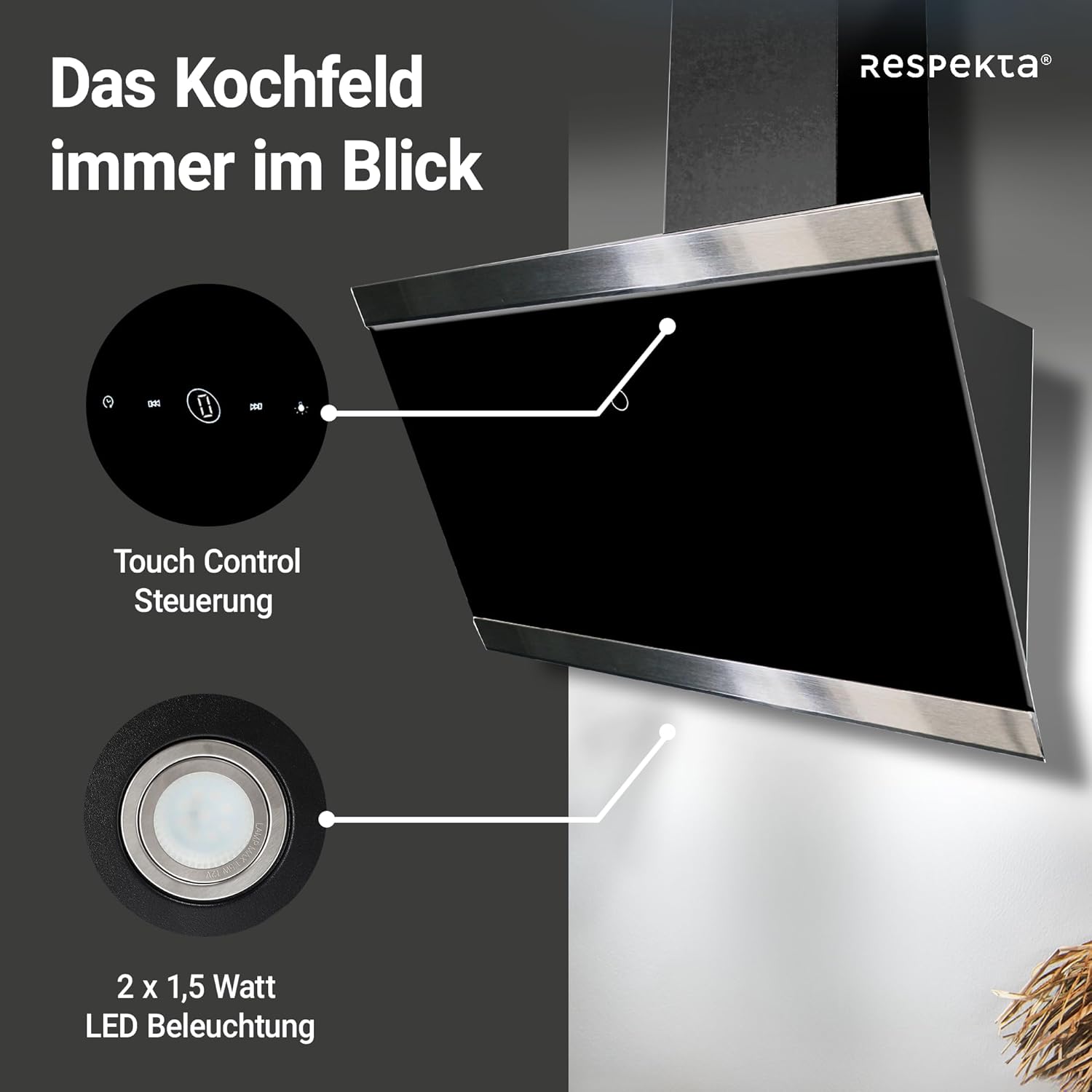Respekta Dunstabzugshaube kopffrei / Dunstabzugshaube schräg 60 cm / Glasschirm mit Edelstahlrahmen in Schwarz / Abluft - und Umluftfunktion / CH89060S / A++ / 39–59 dB