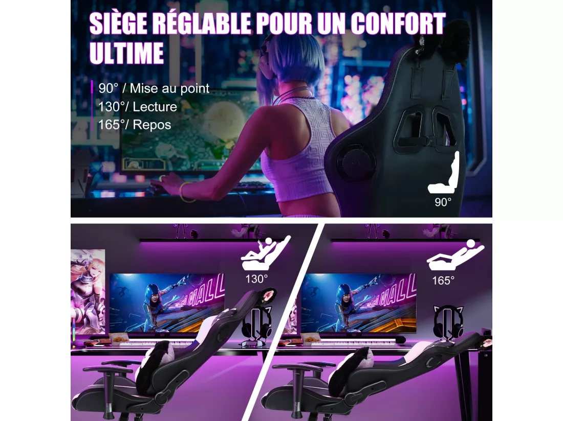 Chaise de jeu avec haut-parleurs, vidéo et lumière RGB, chaise ergonomique de course, fauteuil inclinable en cuir PU, chaise d'ordinateur pivotante pour e-sport avec appui-tête, accoudoirs, support lombaire (repose-pieds, LED, haut-parleurs, rose)