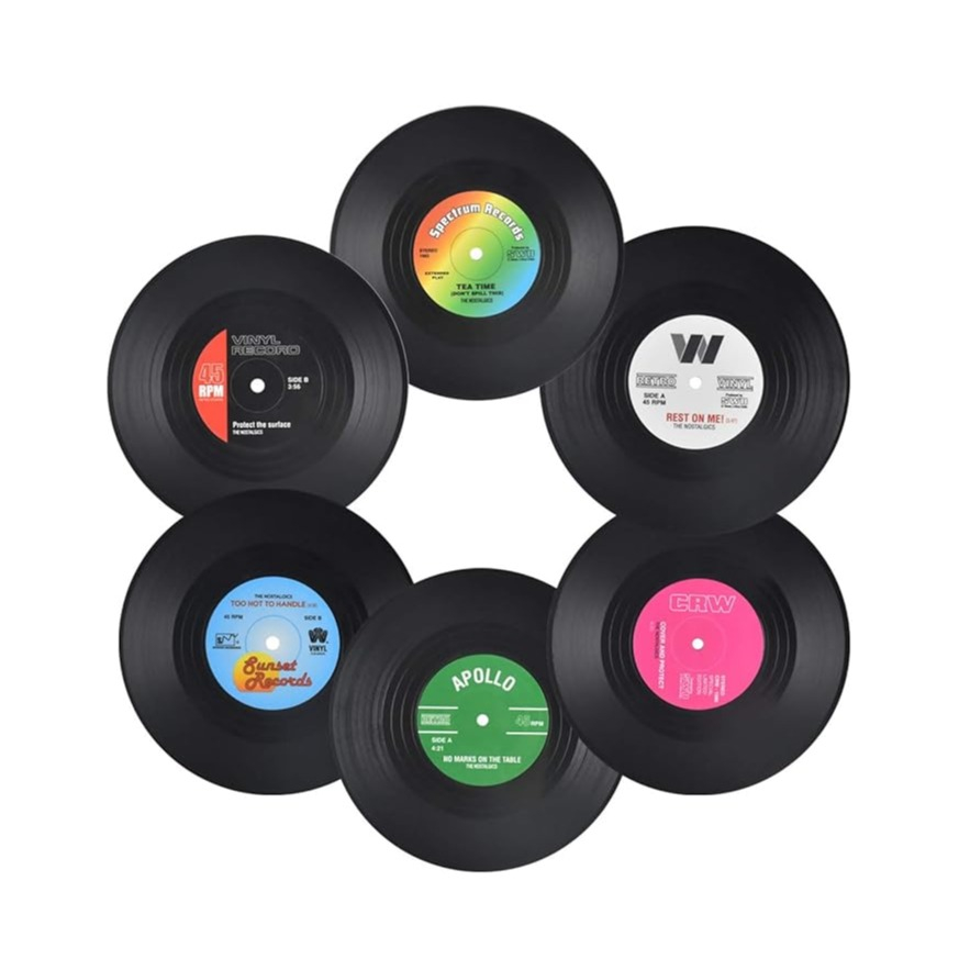 (6er Set) Ø95mm Vintage Getränke Untersetzer Retro Glasuntersetzer im Vinyl Schallplatten Design - Schwarz