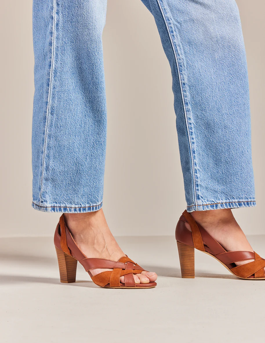 Sandales à talons Clémentine H - Cuir cognac et suède