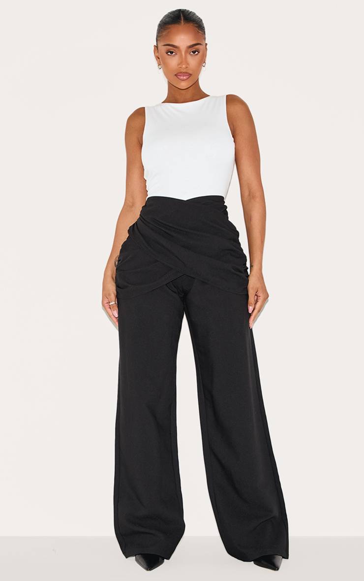 Noir Pantalon Large Taille Haute Ajusté Avec Devant Croisé En V Shape