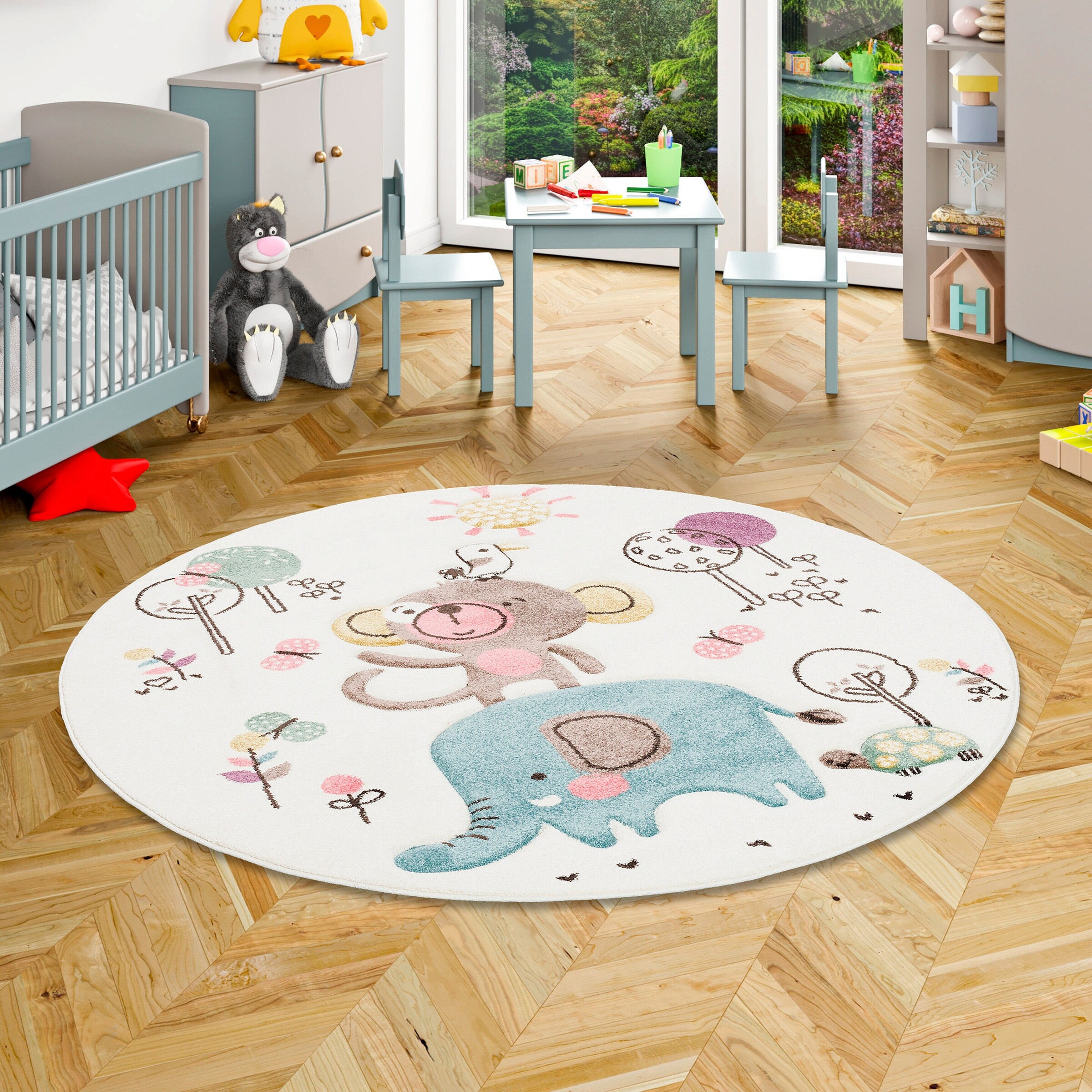 Pergamon Kinder Teppich Maui Kids Lustige Tiere Bunt Rund Creme