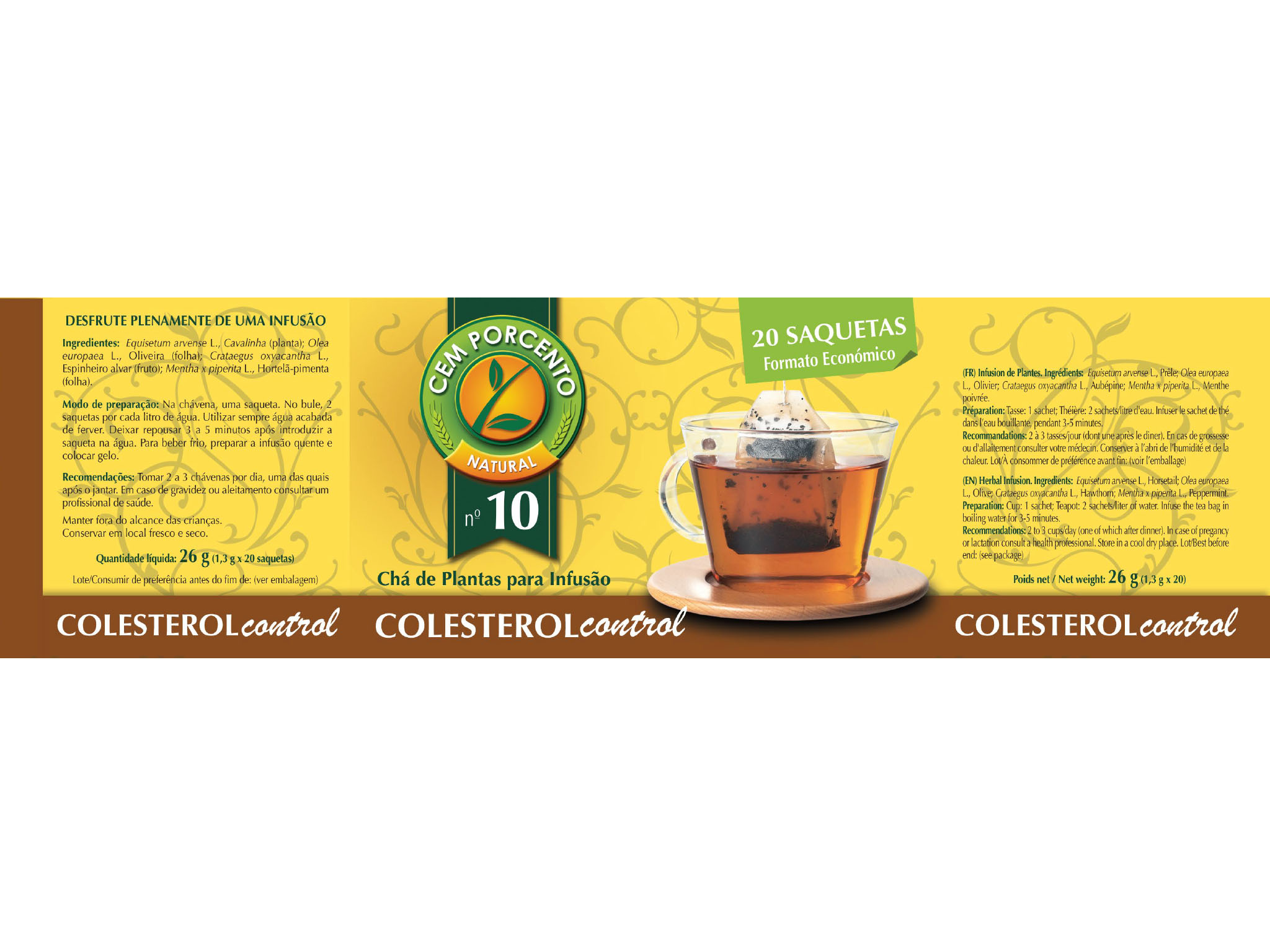 CHÁ CEM PORCENTO Nº10 COLESTEROL CONTROL 20 SAQUETAS