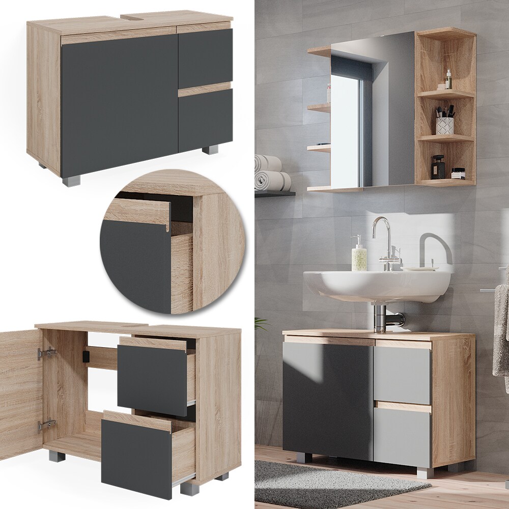 Vicco Waschtischunterschrank Waschbeckenunterschrank Badschrank J-shape Sonoma Anthrazit modern 80x61cm Badezimmer Schrank Badmöbel Schranktür Schrankschublade Aufbewahrung