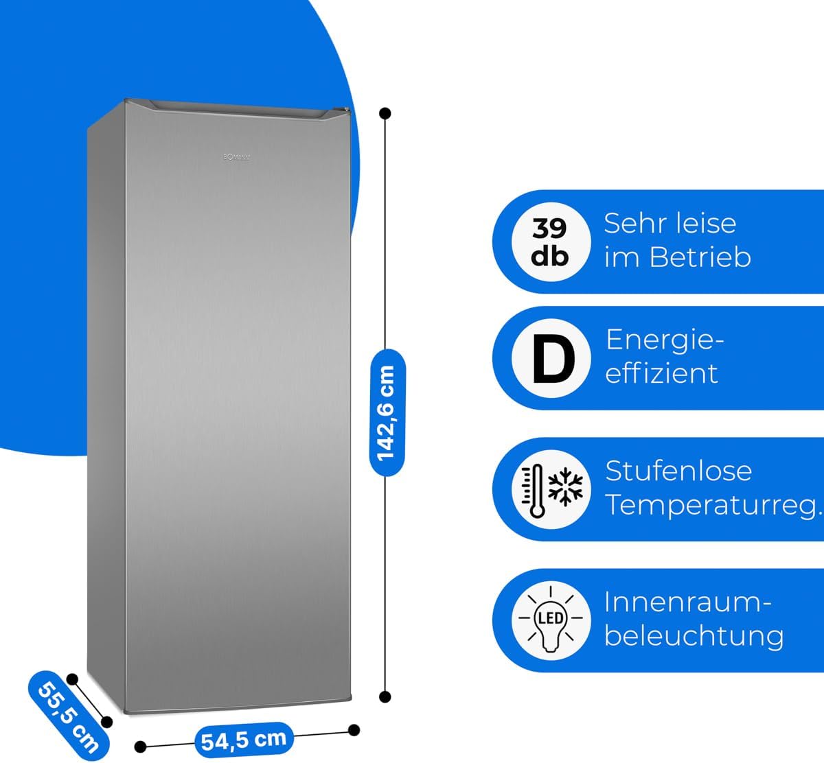 Bomann® Kühlschrank ohne Gefrierfach | Energieklasse D | 143cm | 5 Ablagen | 0°C ~ +8°C | leise 39dB | Getränkekühlschrank | 242L Flaschenkühlschrank | Kühlschrank groß | VS 7363 inox