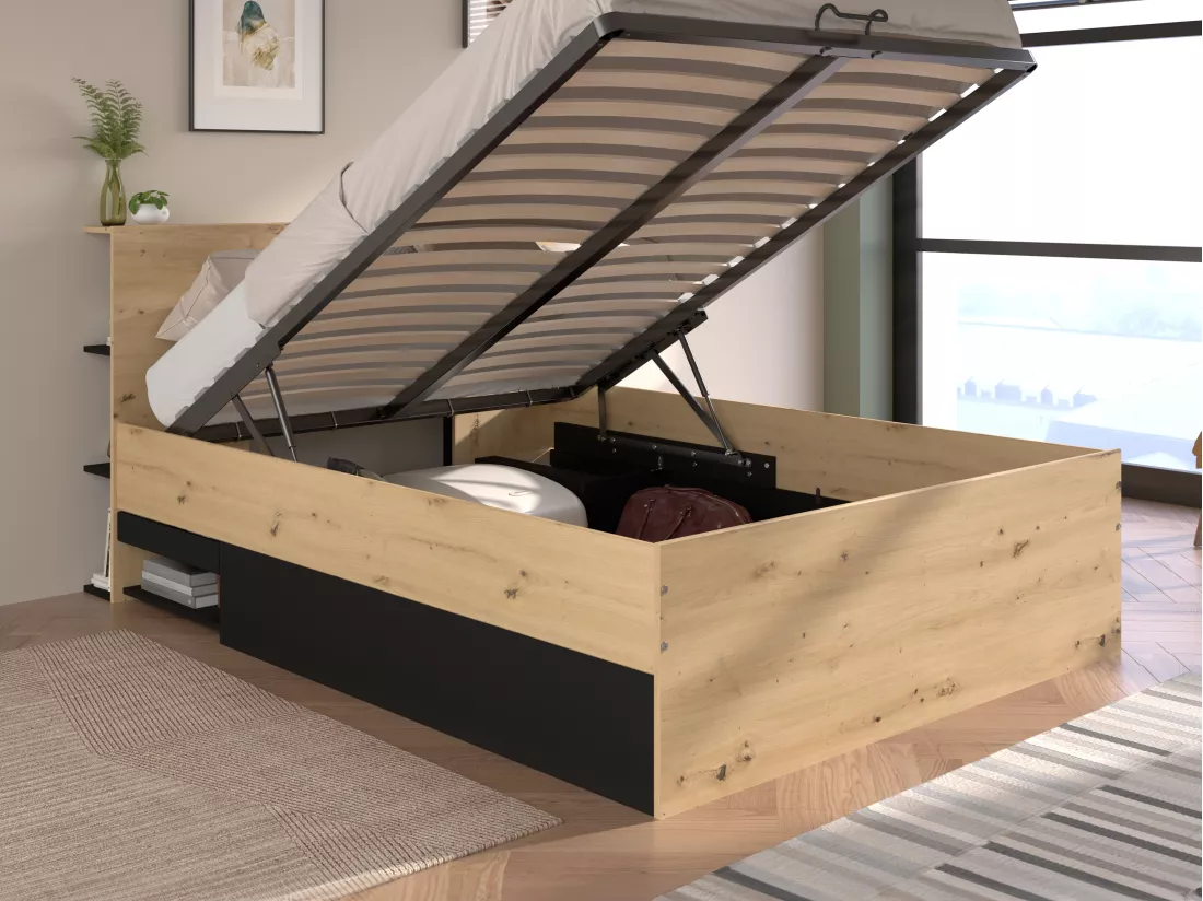 Lit coffre 140 x 190 cm - Coloris : Naturel et noir - RADANI