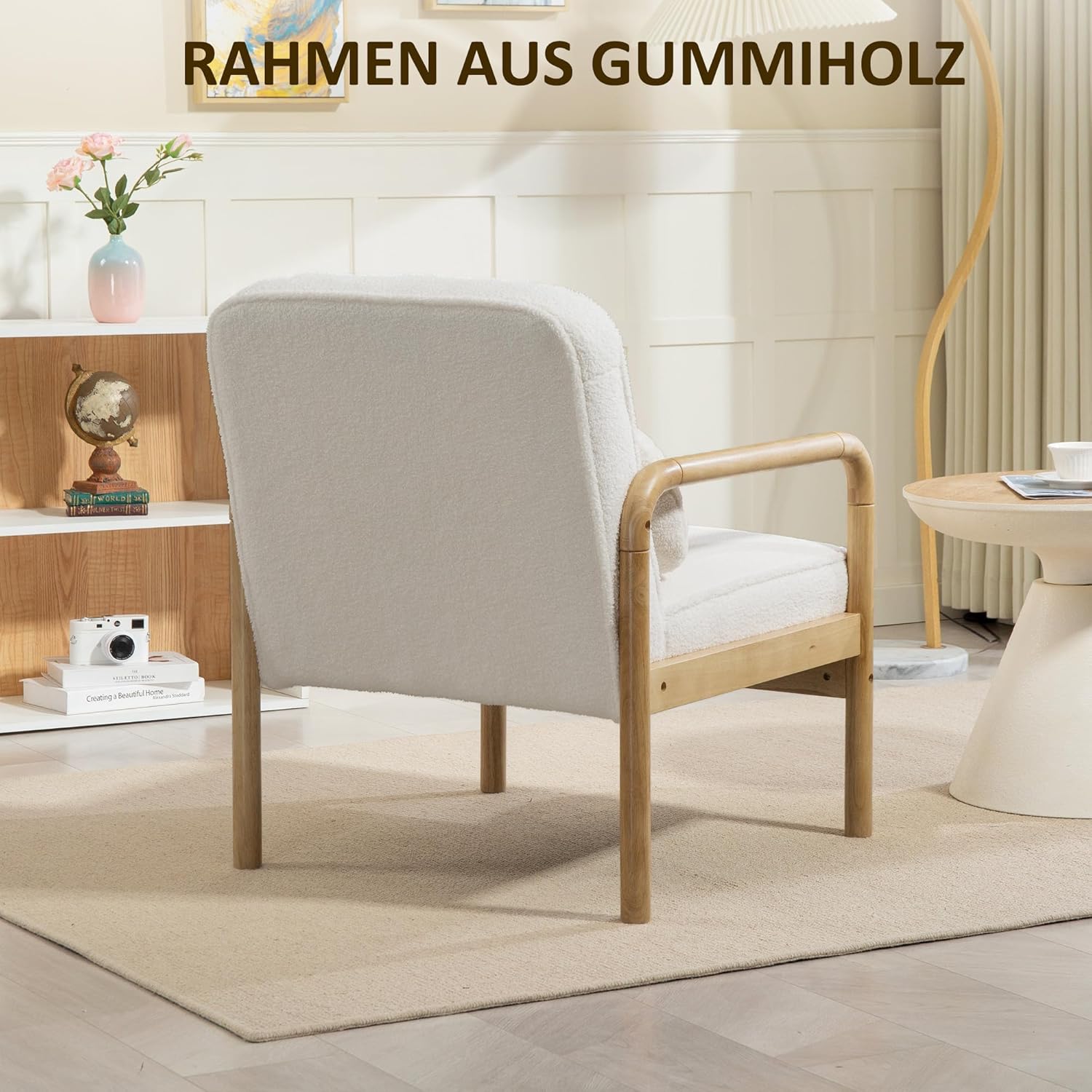 HOMCOM Sessel Wohnzimmer Loungesessel mit Armlehnen, Holzbeine, Großen und Dicken Sitz, Relaxsessel Lesesessel mit Wurfkissen, Bouclé-Optik, Polstersessel für Schlafzimmer Weiß