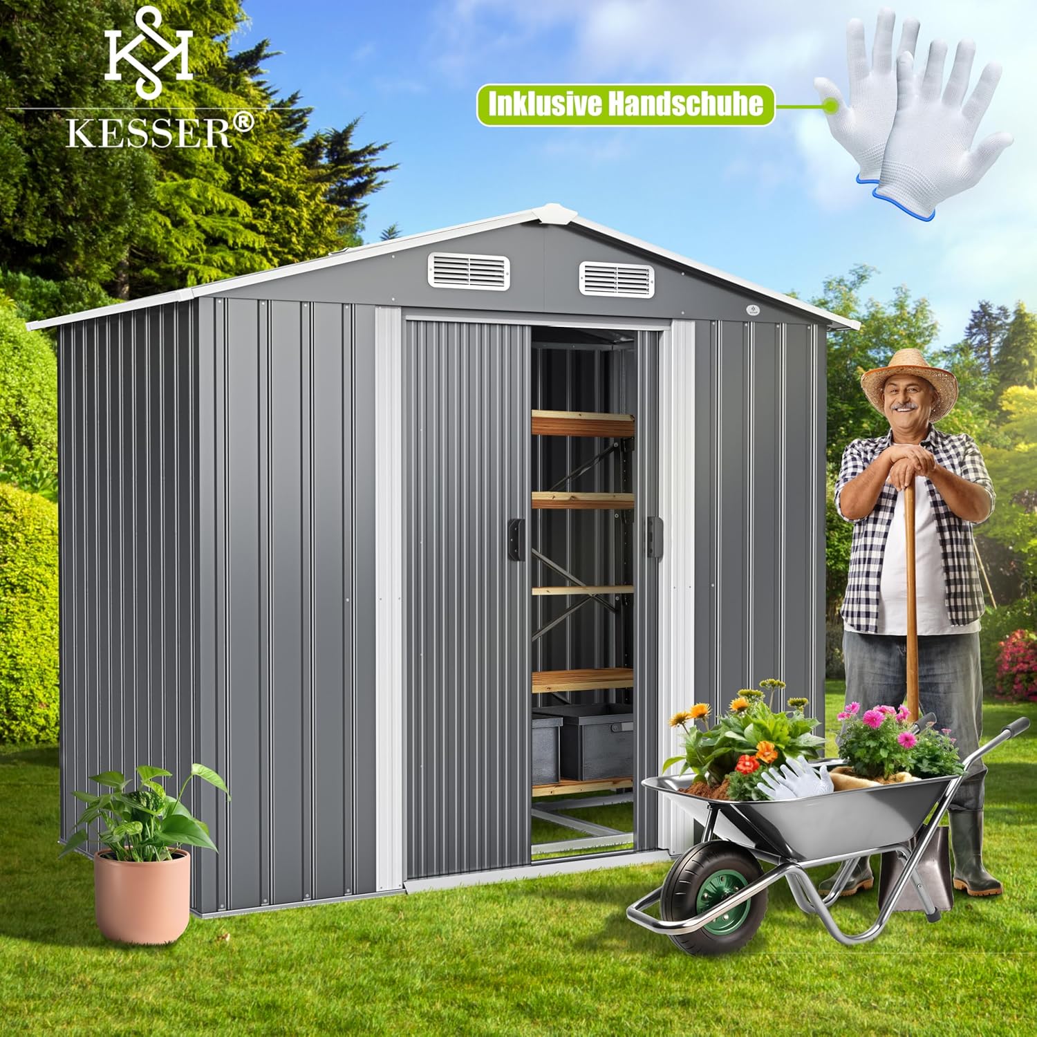 KESSER® XL Metall Gerätehaus 4,2m³ mit Fundament | Inkl. Arbeitshandschuhe | 195x131x186cm | 2X Schiebetür & Fundament | Geräteschuppen | Gartenhaus Schrank | Satteldachdach Garten Schuppen Grau