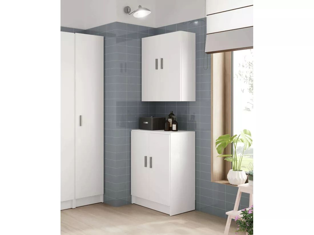 Armoire polyvalente Dhot, Armoire auxiliaire basse avec 2 portes, Étagère à chaussures avec 1 étagère, Armoire multifonctionnelle, 59x37h80 cm, Blanc