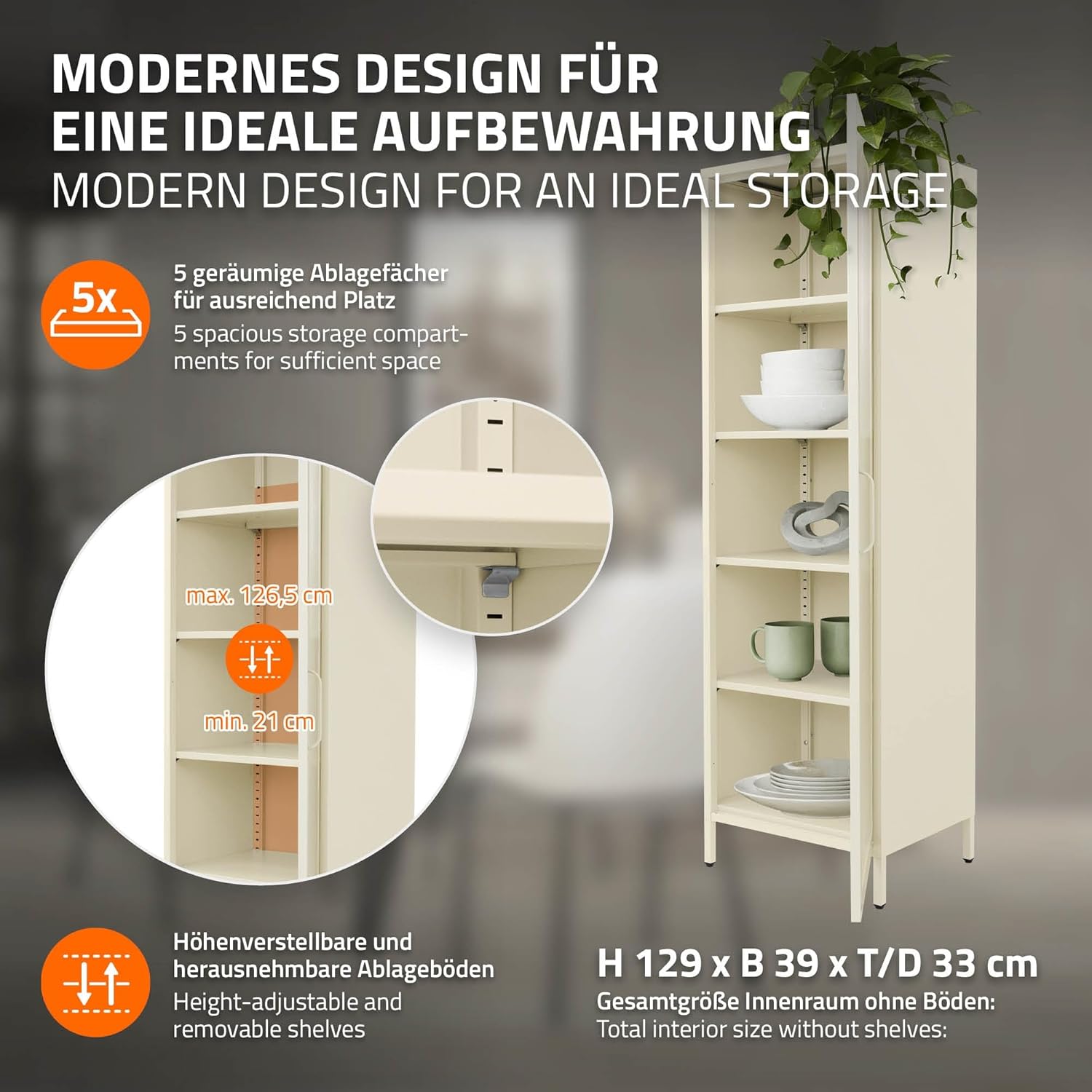 ML-Design Vitrinenschrank 45x145x35 cm, Creme, Schmale Vitrine mit 5 Ablagen und 1 Tür, Metallschrank aus Stahl, Küchenschrank Aktenschrank Büroschrank, Hochschrank für Esszimmer, Wohnzimmer, Büro