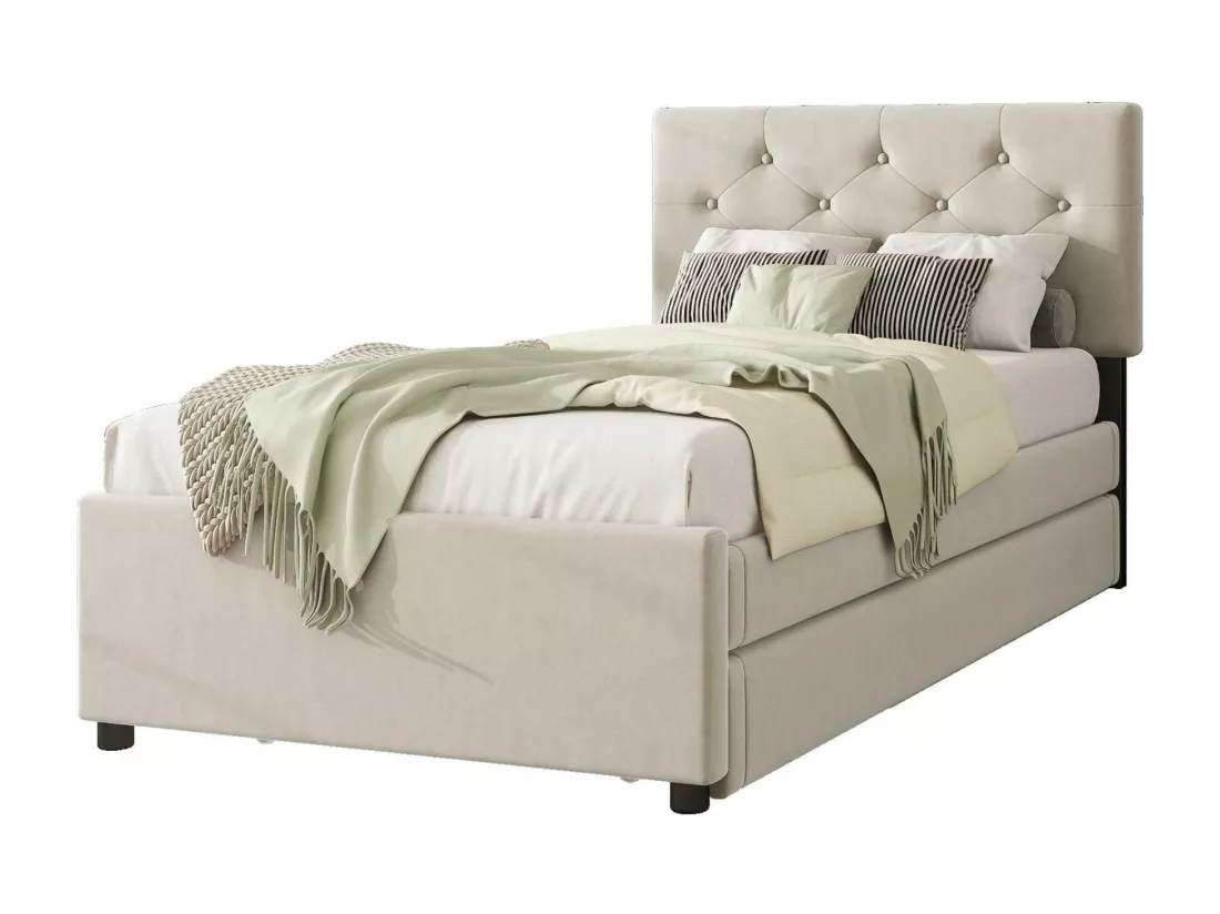 Lit simple 90x200cm en velours - avec un lit gigogne - avec sommier à lattes - Beige (matelas non inclus)