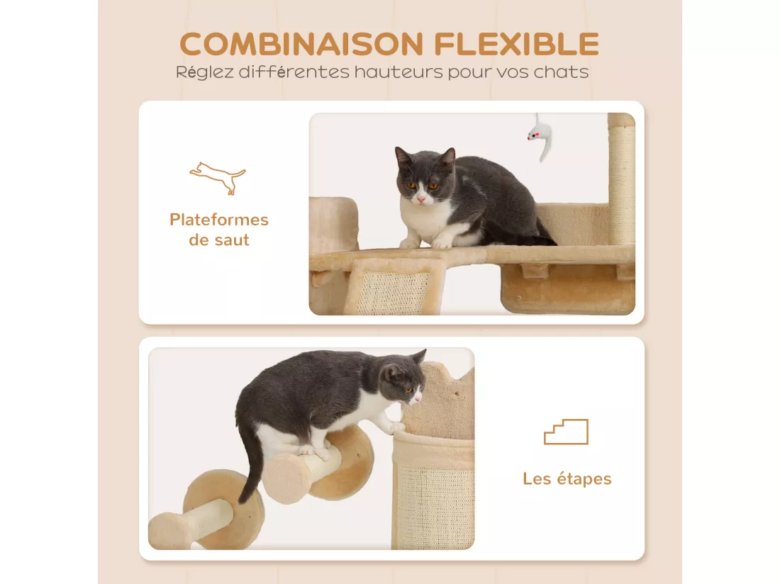 Mur d'escalade pour chat - arbre à chat design mural - griffoirs, grattoirs, jeux - sisal naturel peluche beige