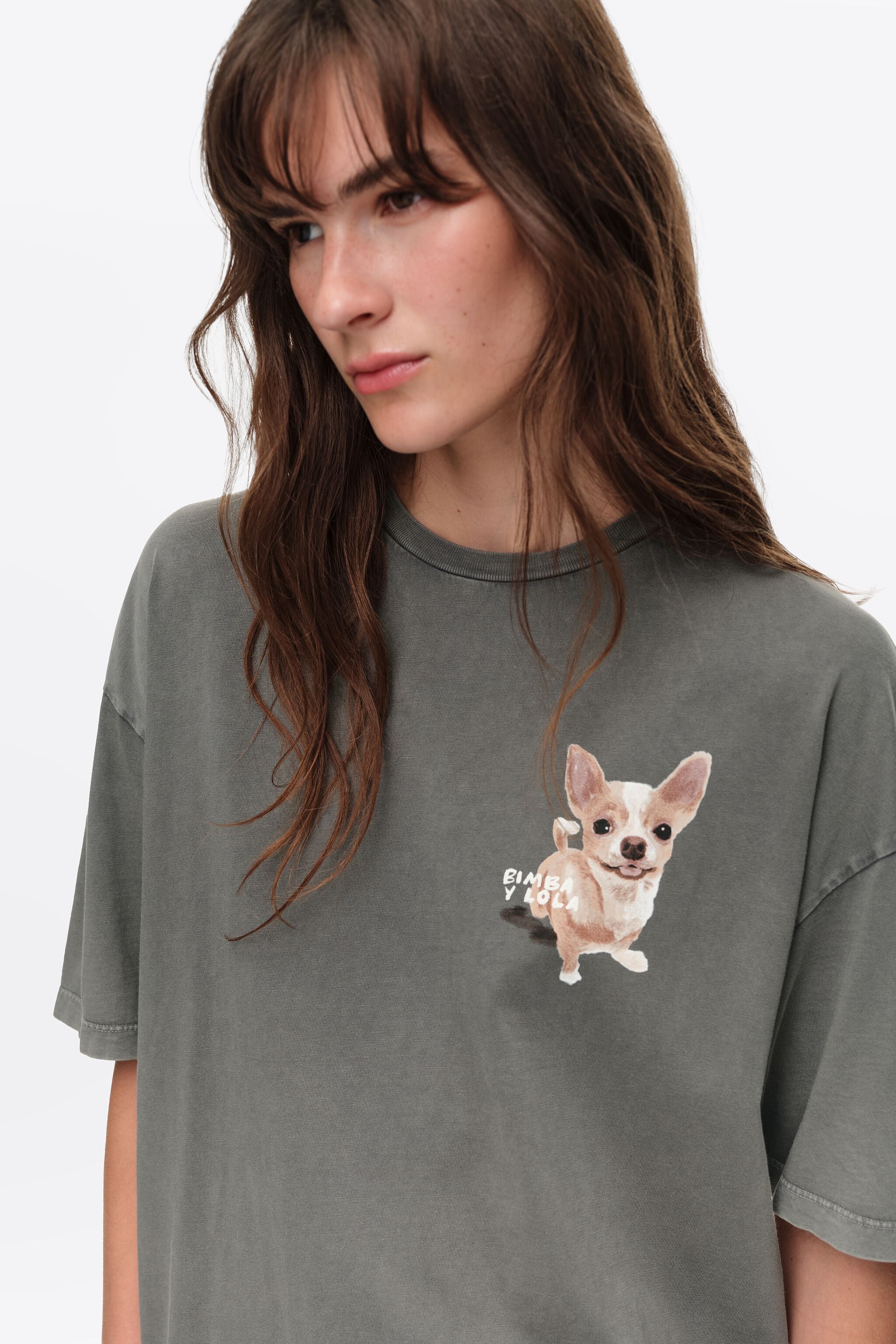 Camiseta preta desbotada com o logo de um Chihuahua