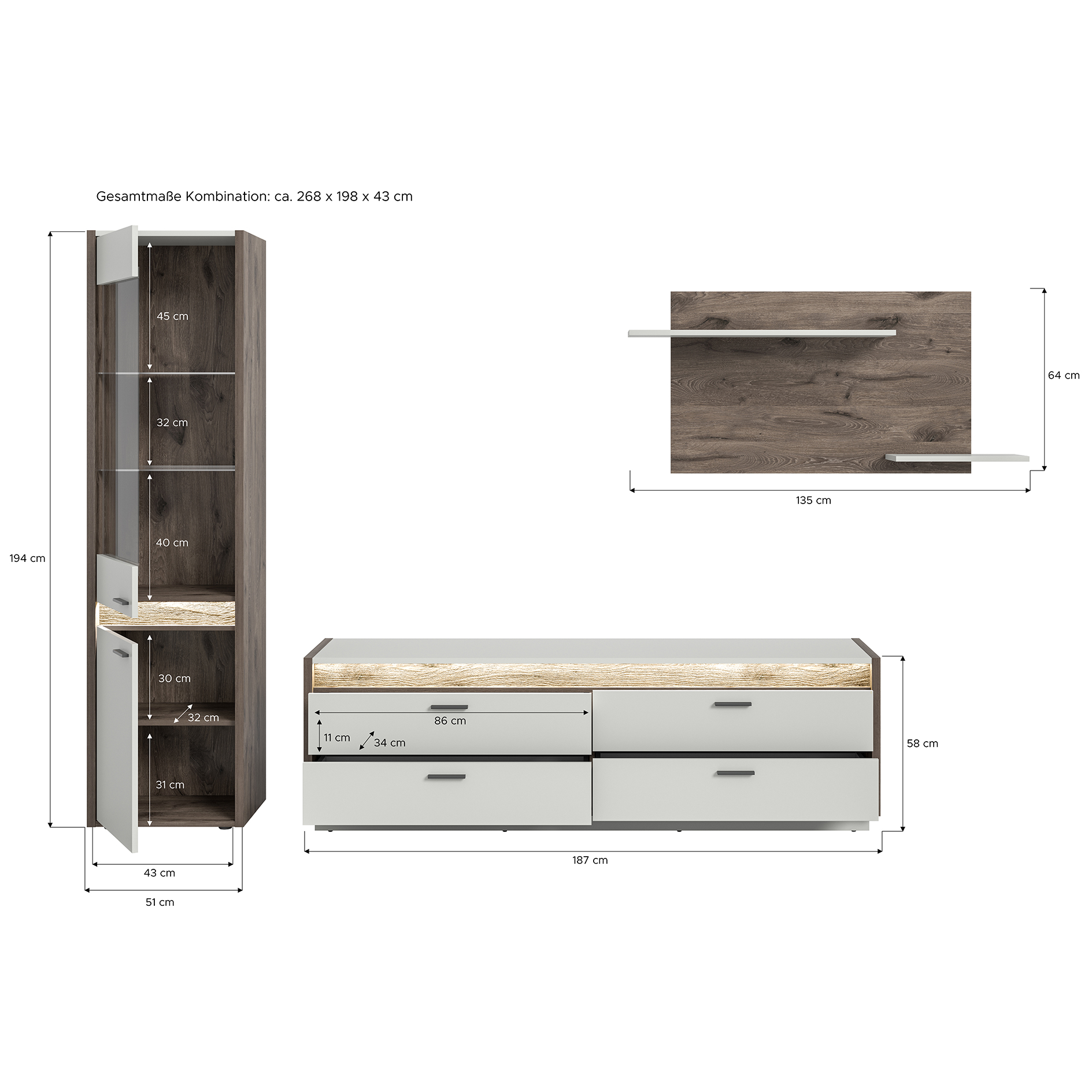 3-teiliges Wohnwand-Set FALCONA - hellgrau - Nox Oak - 268 cm