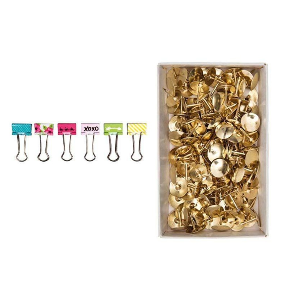 6 pinces double-clip happy + 150 punaises dorées