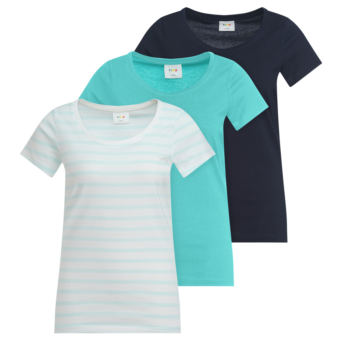 Famy 3 Damen T-Shirts im Basic-Look helltürkis / dunkelblau / türkis