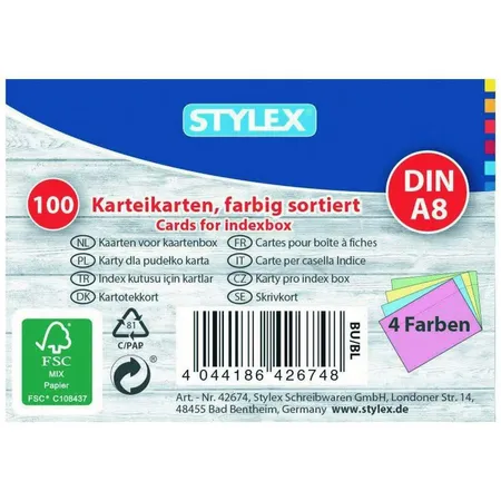 Stylex Karteikarten, A8, liniert, 100 Stück, farbig